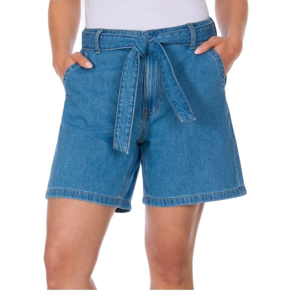 Tommy Hilfiger Womens High Rise Rigid Denim Belted Shorts 6 Inch Inseam Blue 8